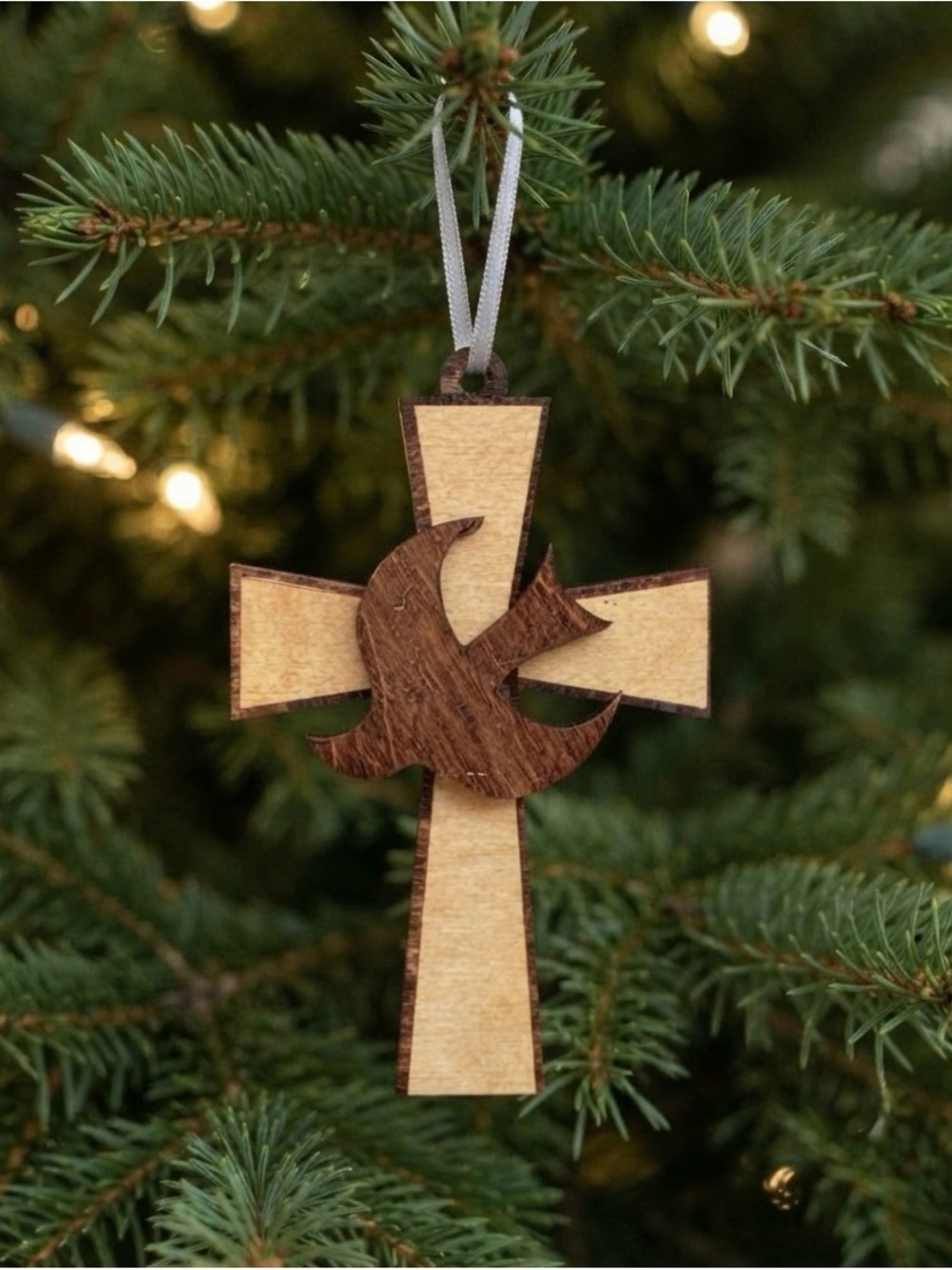Tim Weberding Woodworking Two-Tone Wooden Cross Ornament with Dove